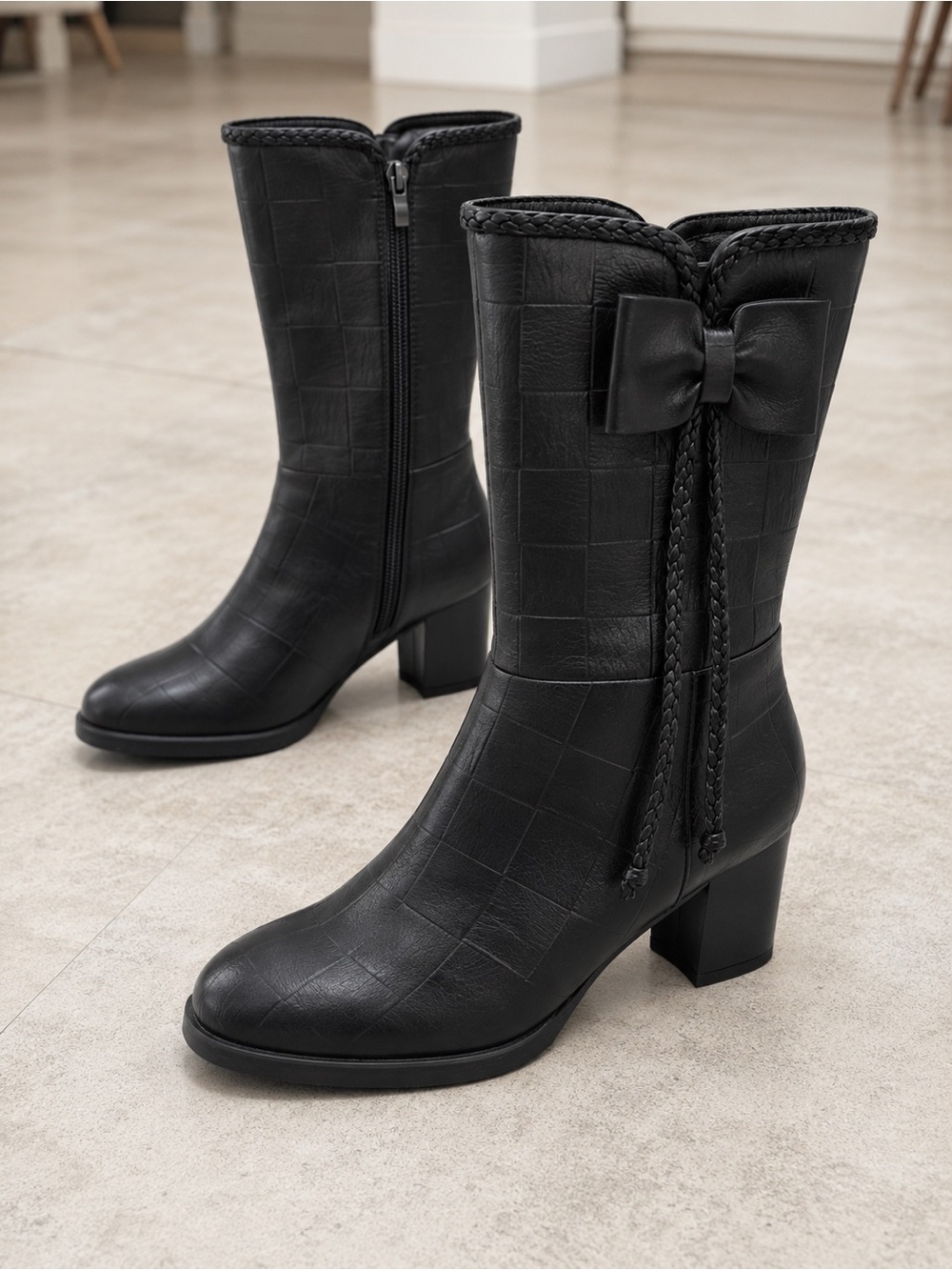 Women’s Black Mid-Calf Block Heel Bow Boots